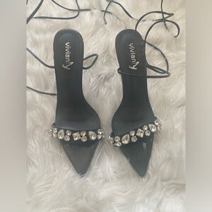 Vivianly Elegant Black Heels with Sparkling Accents
